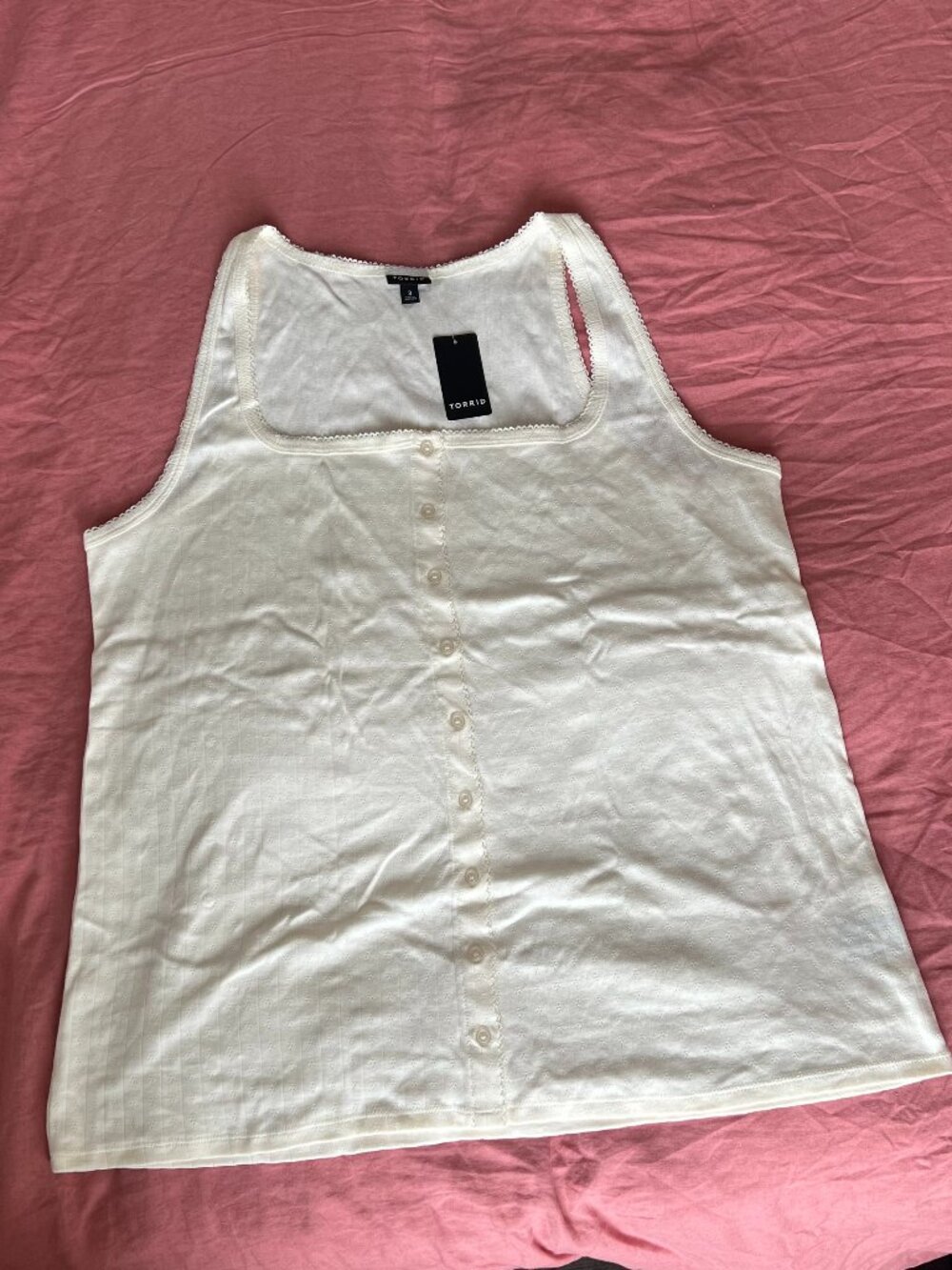 Square Neck pointelle lace trim button front tank